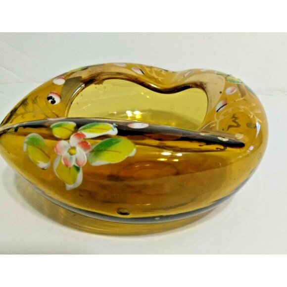 Vintage Bohemian Czech Glass Hand Blown/Painted Amber Gold Gild Dish/Ashtray - Picture 4 of 10
